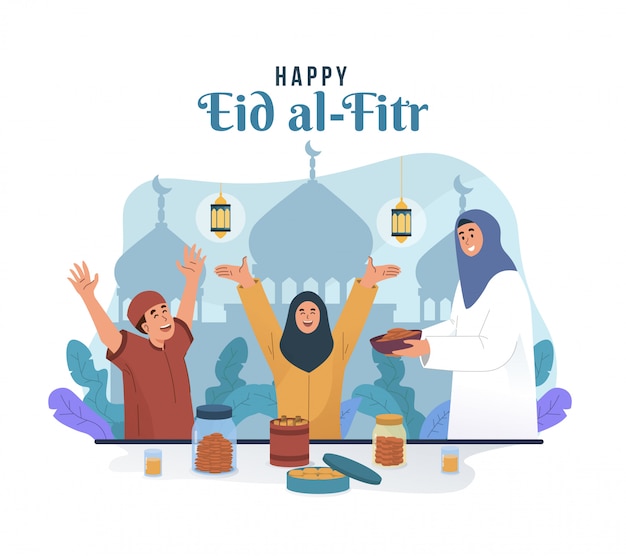 Premium Vector | Muslim mother serving some food for her children. eid ...