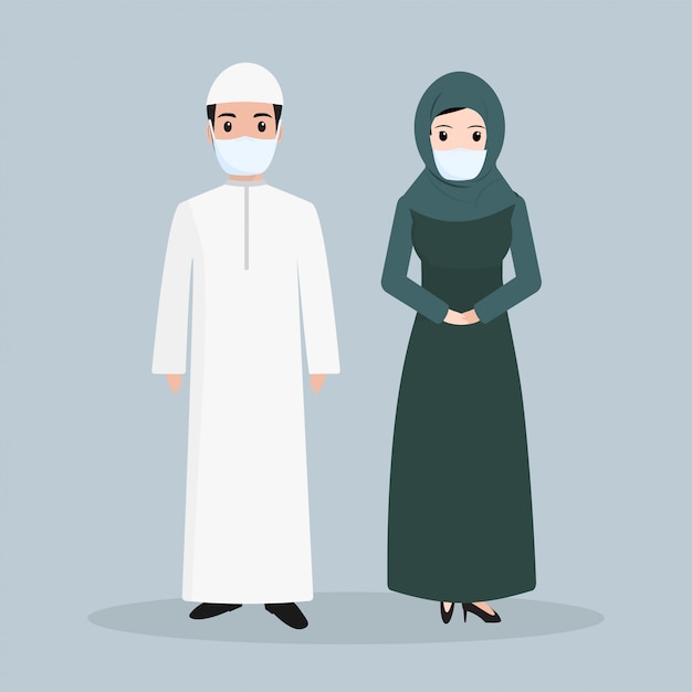 Premium Vector | Muslim people wearing face mask illustration