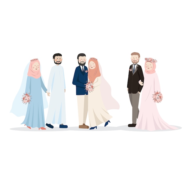 イスラム教徒の結婚式のカップルかわいい漫画キャライラスト プレミアムベクター