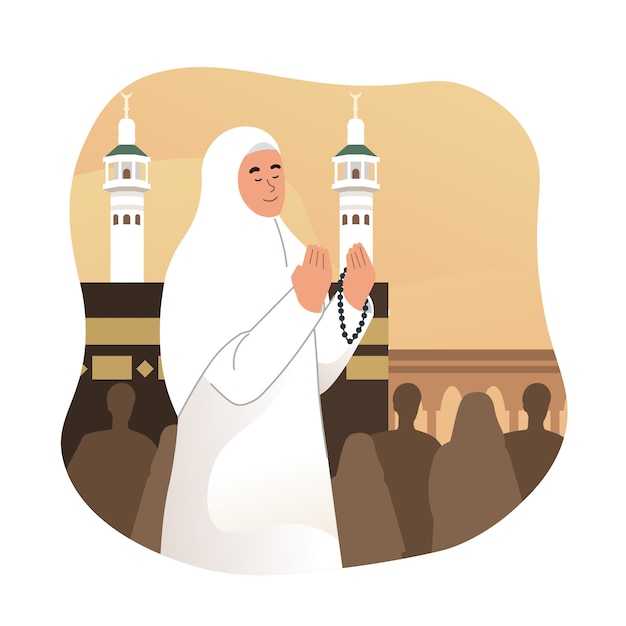 Premium Vector | Muslim woman praying in front of kaaba in ...