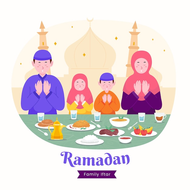 Premium Vector | Muslm family iftar enjoying ramadan together in ...