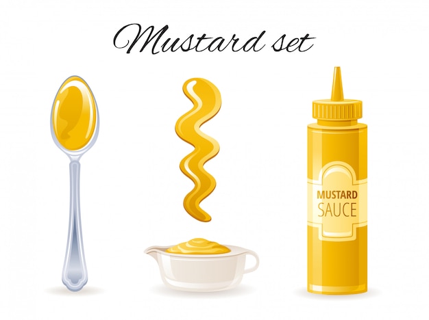 Premium Vector Mustard Sauce Icon Set With Hot American Mustard Sauce Bottle Bowl Spoon Splash 4322