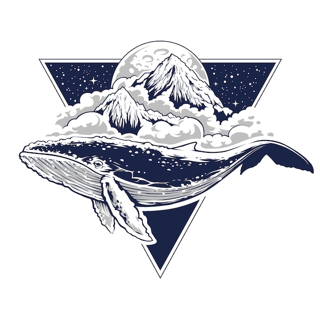空を飛ぶクジラの神秘的な自由奔放な芸術 雲 山 月を背景に 三角形の形をした星空 神聖な幾何学の動機を持つ抽象的なシュールなイラスト ベクターアート プレミアムベクター