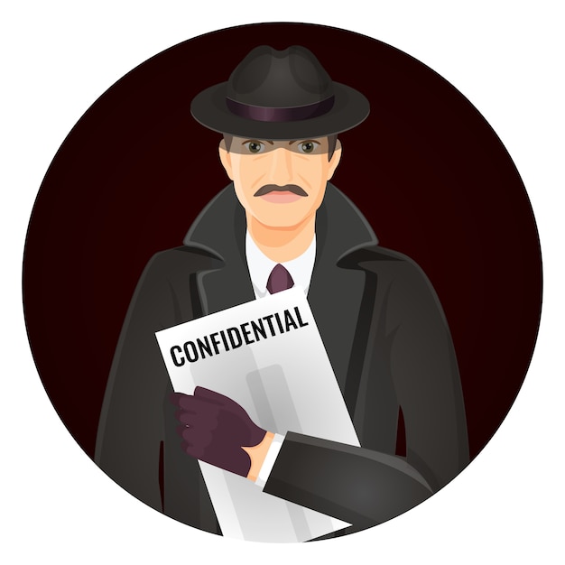 プレミアムベクター 機密文書を手にした謎の私立探偵 サークルの帽子とコートのイラストの男