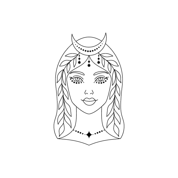 Premium Vector | Mystic woman with crescent moon on her head. line art