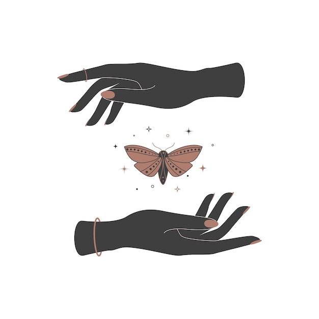 女性の手の間の神秘的な天の蝶の蛾精神的な魔法ベクトルイラスト プレミアムベクター