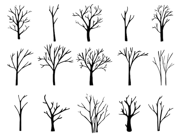 Premium Vector Naked Trees Silhouettes Set Hand Drawn Isolated