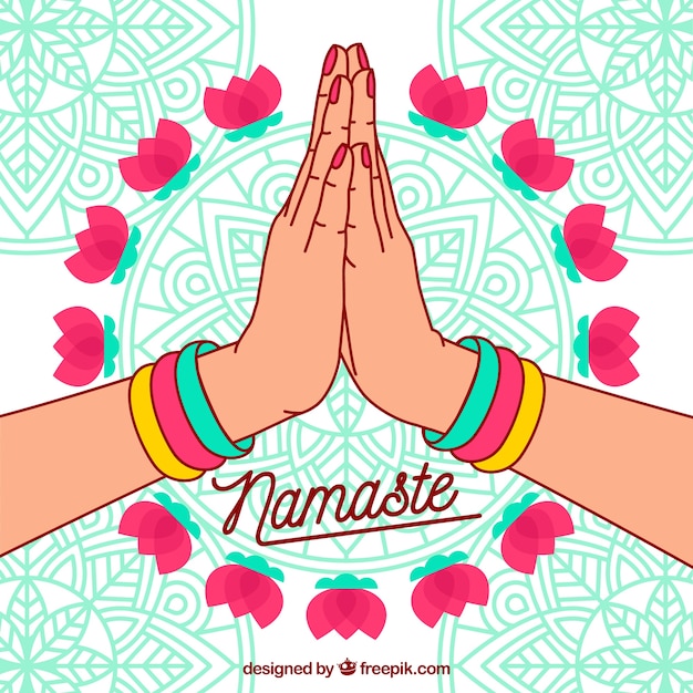 Namaste background with mandalas and hand drawn hands Vector | Free ...