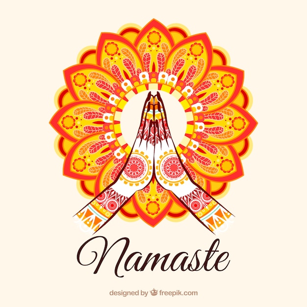 Namaste Gesture With Colorful Mandala Free Vector