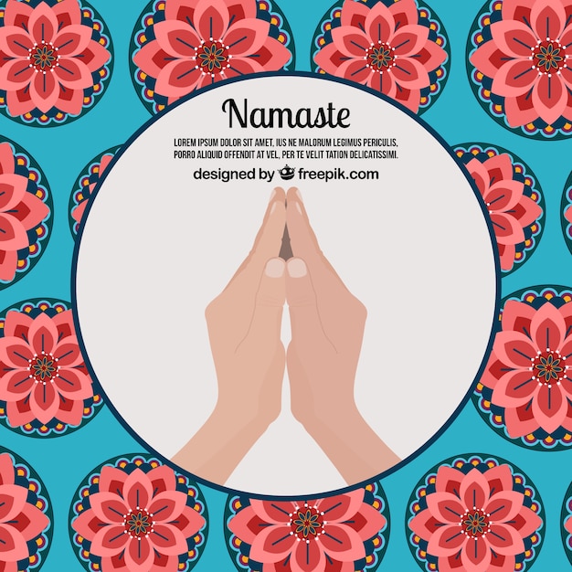 Namaste greeting background with flowers in\
flat design