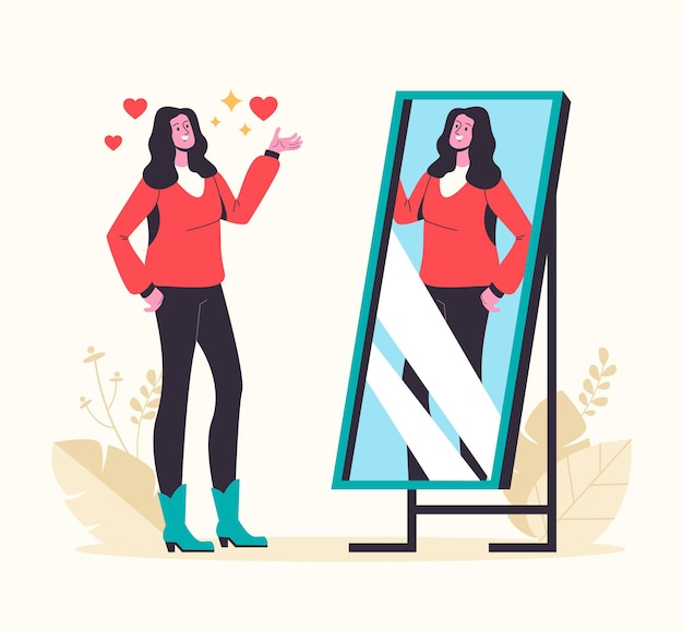 Premium Vector | Narcissistic woman looking at mirror and fall in love ...