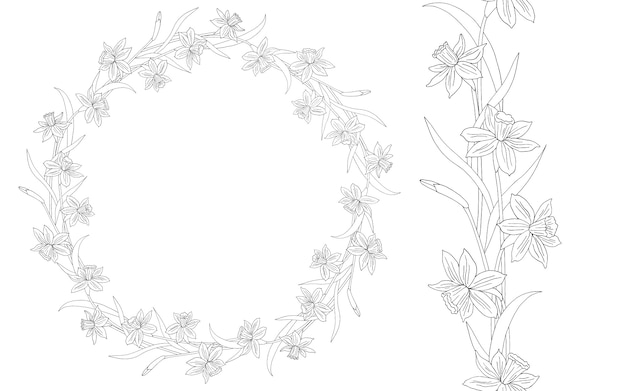 水仙または水仙 手描きイラスト 丸い花柄 線画 プレミアムベクター