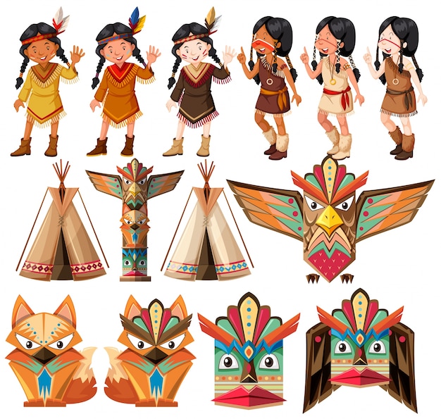 ネイティブアメリカンインディアンと伝統工芸イラスト プレミアムベクター