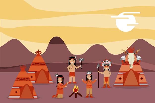 Premium Vector | Native american people in housing campsite mountains