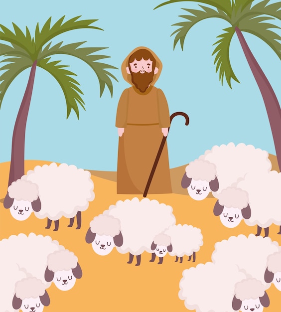 キリスト降誕 砂漠の漫画イラストで羊と飼い葉桶羊飼い プレミアムベクター