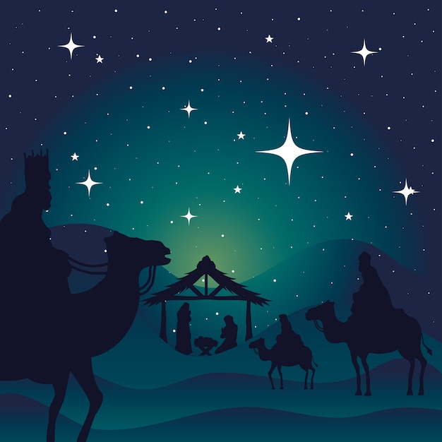 Premium Vector | Nativity mary joseph baby and wise men on green ...