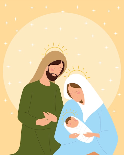 キリスト降誕の神聖な家族メアリージョスペと赤ちゃんイエスのイラスト プレミアムベクター