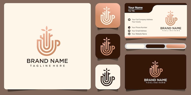カップと木のロゴデザインと名刺を組み合わせたナチュラルコーヒーのロゴデザイン要素 プレミアムベクター