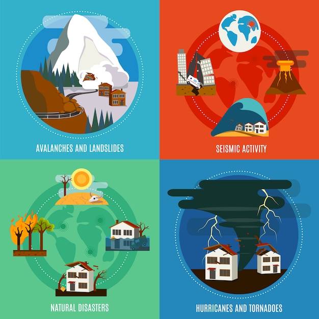 Natural disaster 4 flat icons square banner with seismic activity ...