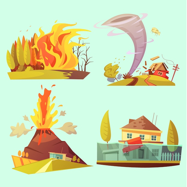 Free Vector | Natural disaster retro cartoon card set