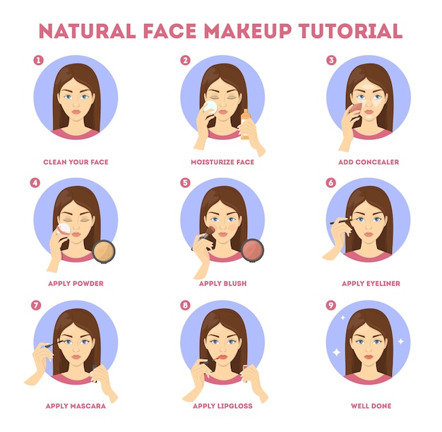 Premium Vector Natural Face Makeup Tutorial For Woman Applying Powder And Concealer On Skin Daily Routine Of Face Contouring Guide For Perfect Make Up Isolated Vector Flat Illustration