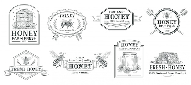 プレミアムベクター 自然な蜂蜜のバッジ ミツバチファームラベル ビンテージ蜂蜜製品手描き下ろしバッジ ミツバチエンブレムイラストセット