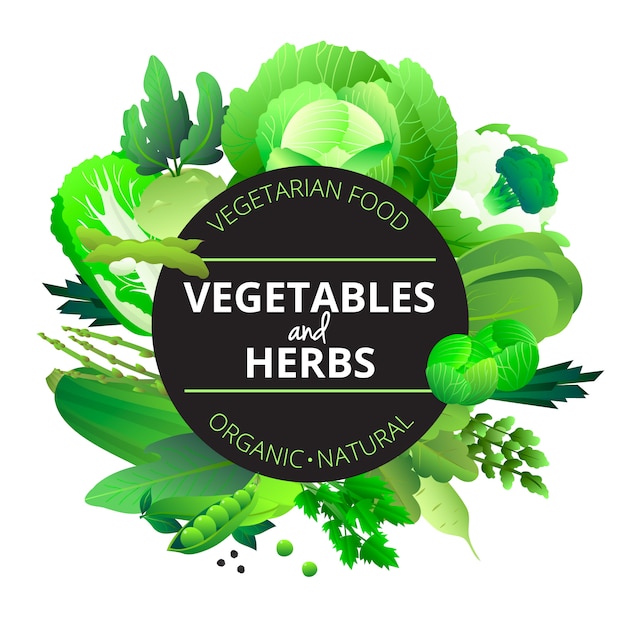 天然の有機野菜とハーブキャベツズッキーニセロリとエンドウ豆の緑の抽象的なベクトルイラストで丸め 無料のベクター