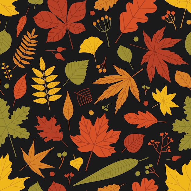 落ち葉と果実の自然なシームレスパターンが黒い背景に散在しています 明るい色の秋の背景 包装紙 壁紙 生地印刷のフラットスタイルのイラスト プレミアムベクター
