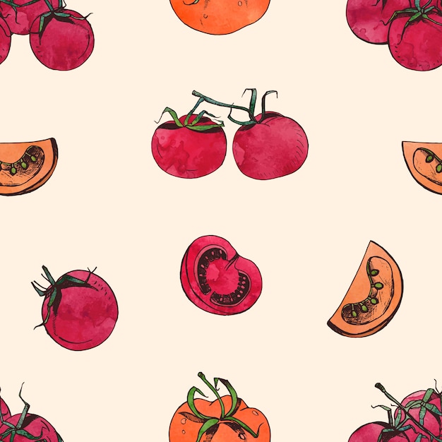 明るい背景にスライスした全体の赤いトマトと自然のシームレスなパターン 健康的な新鮮な生のベジタリアン料理の背景 布印刷 包装紙 壁紙のイラスト プレミアムベクター