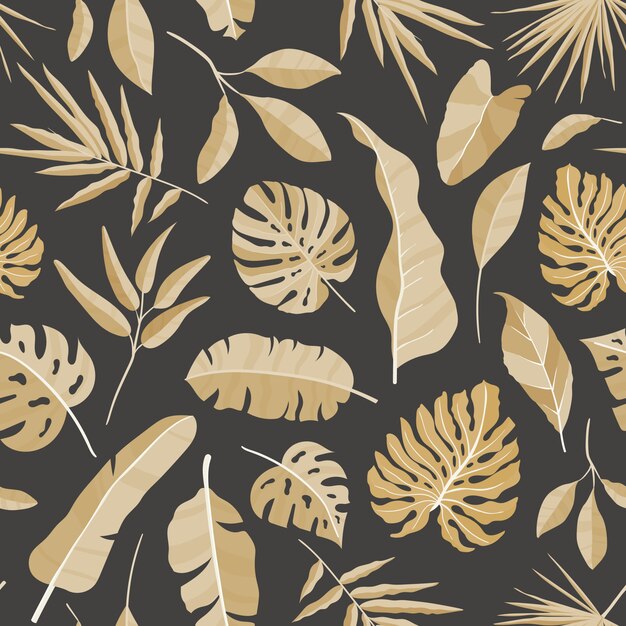熱帯の葉を持つ自然のシームレスなパターン ジャングルの植物とエキゾチックなヤシの枝の葉の背景 布の印刷 包装紙 壁紙の白黒のリアルなイラスト プレミアムベクター