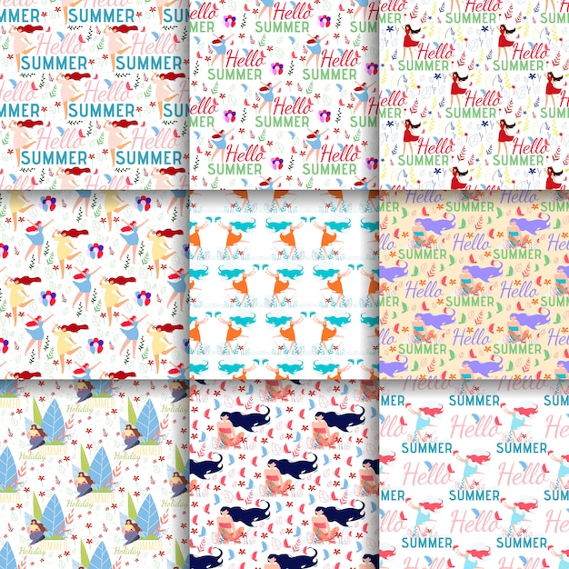 Natural seamless patterns summer mood flat backgrounds Premium Vector