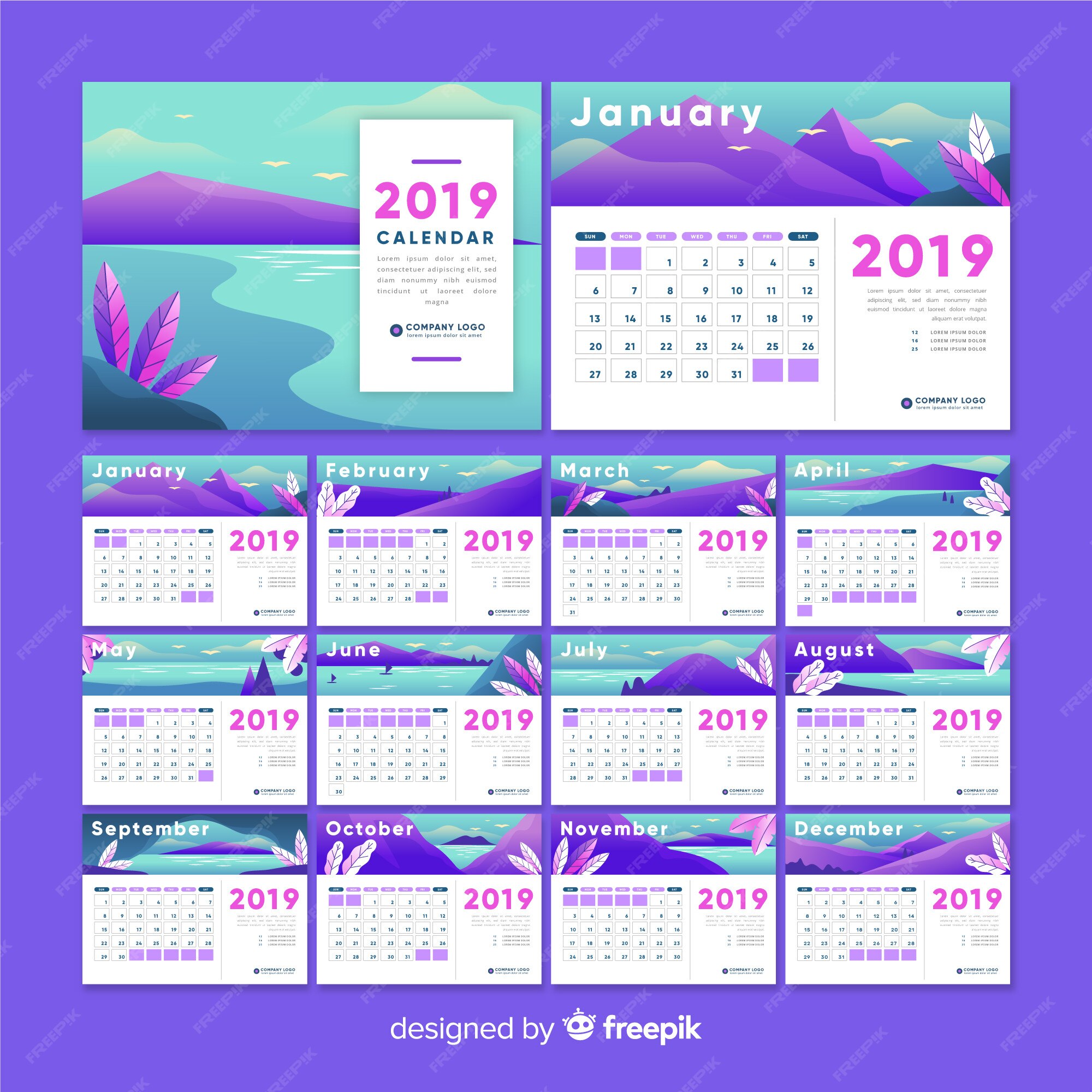 Free Vector | Nature 2019 calendar template