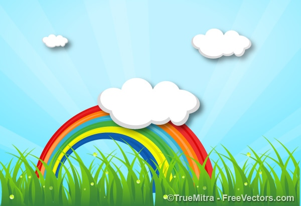 Nature background with rainbow, grass and\
clouds