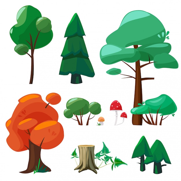 Premium Vector Nature Cartoon Elements Game Ui Collection Of Trees Shrubs Hemp Branches Roots Stones Leaves Puddles Weather Vector Symbols Cartoon