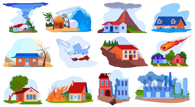 自然災害事故ベクトルイラストセット 漫画フラット自然嵐竜巻津波 火山 火を破壊します プレミアムベクター