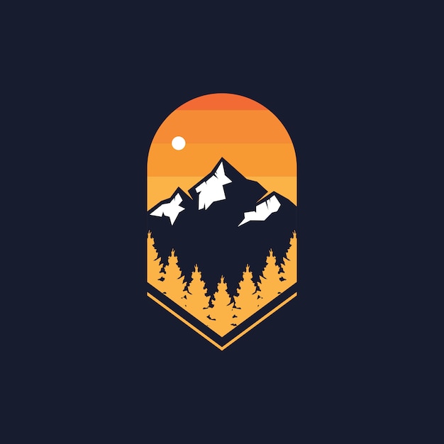 自然の森と山のバッジのロゴデザインイラスト プレミアムベクター
