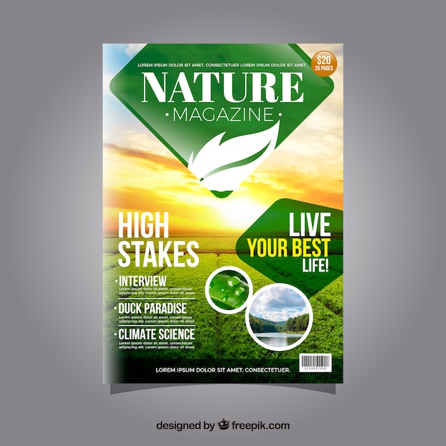 Premium Vector | Nature magazine cover template with photo