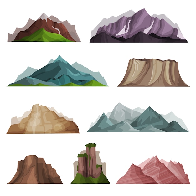 自然山のシルエットセット 山の山塊イラストの様々な プレミアムベクター