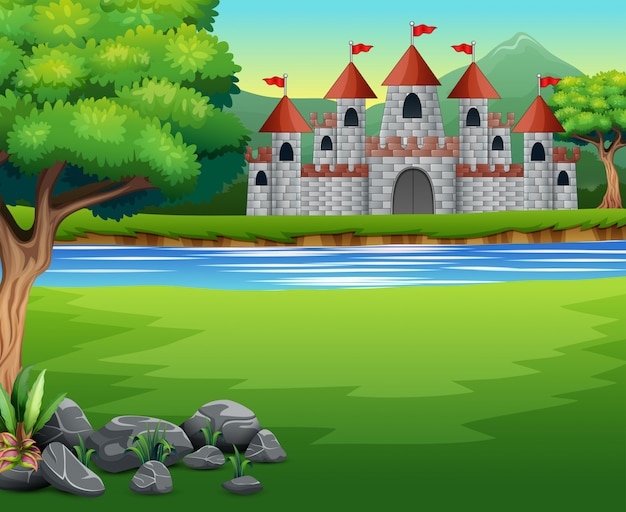 城と池のある自然シーン プレミアムベクター