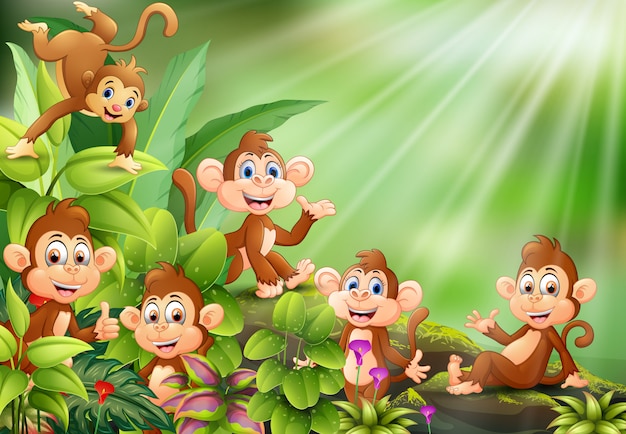 Premium Vector | Nature scene with group of monkey cartoon