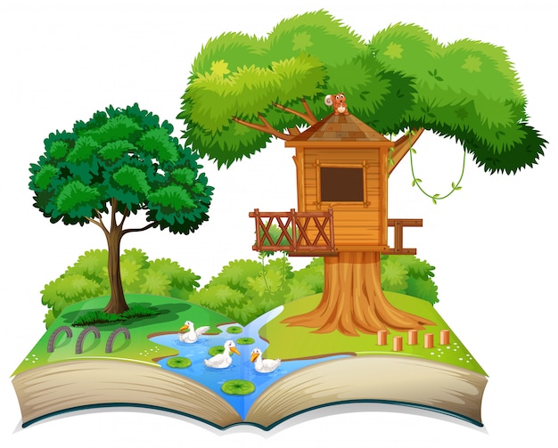 Nature treehouse on open book Premium Vector