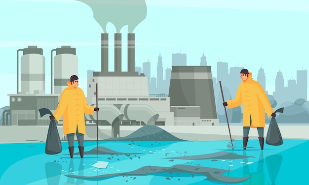 人間のキャラクターと自然の水質汚染組成都市の景観と汚れた水面と工場の建物のイラスト 無料のベクター