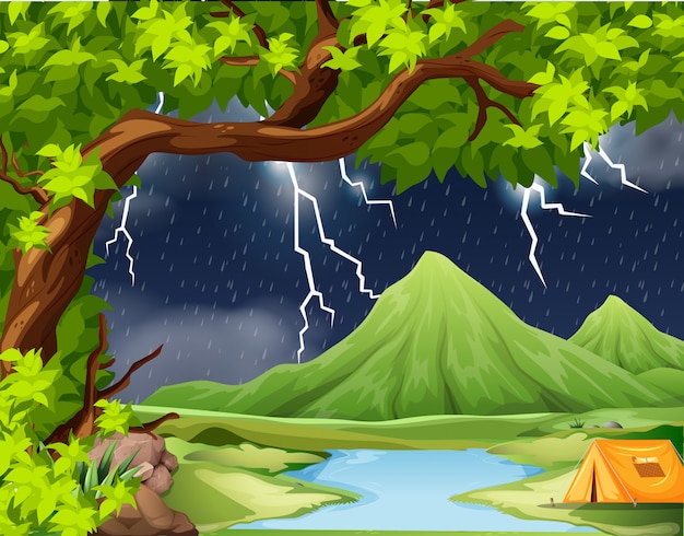 Naure storm camping scene | Premium Vector