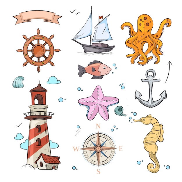 Download Nautical vector doodle design set | Premium Vector