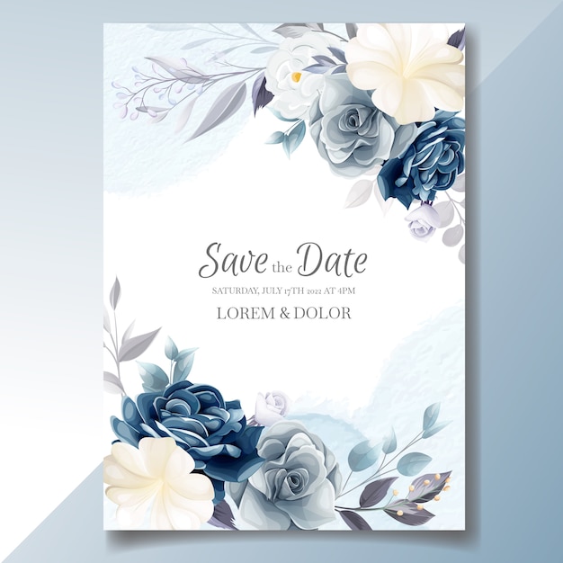 Premium Vector Navy blue floral wedding invitation card template with