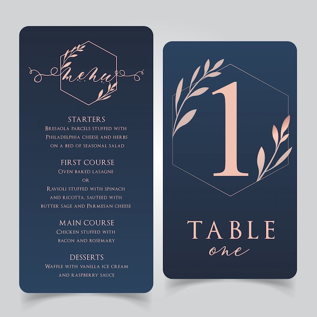 Download Premium Vector | Navy blue and rose gold wedding food menu with table numbers
