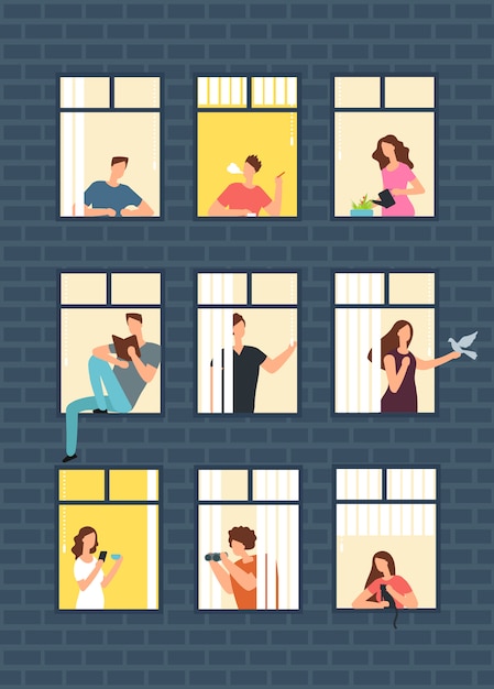 Premium Vector Neighbors Cartoon People In Apartment House Windows