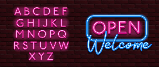 Neon banner alphabet font bricks wall open welcome Premium Vector