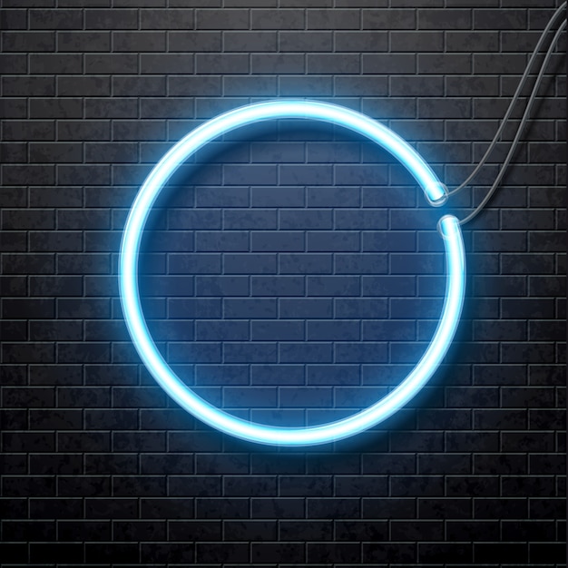 Neon blue circle isolated on black brick wall Premium Vector