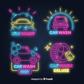 Premium Vector | Neon car wash sign collection